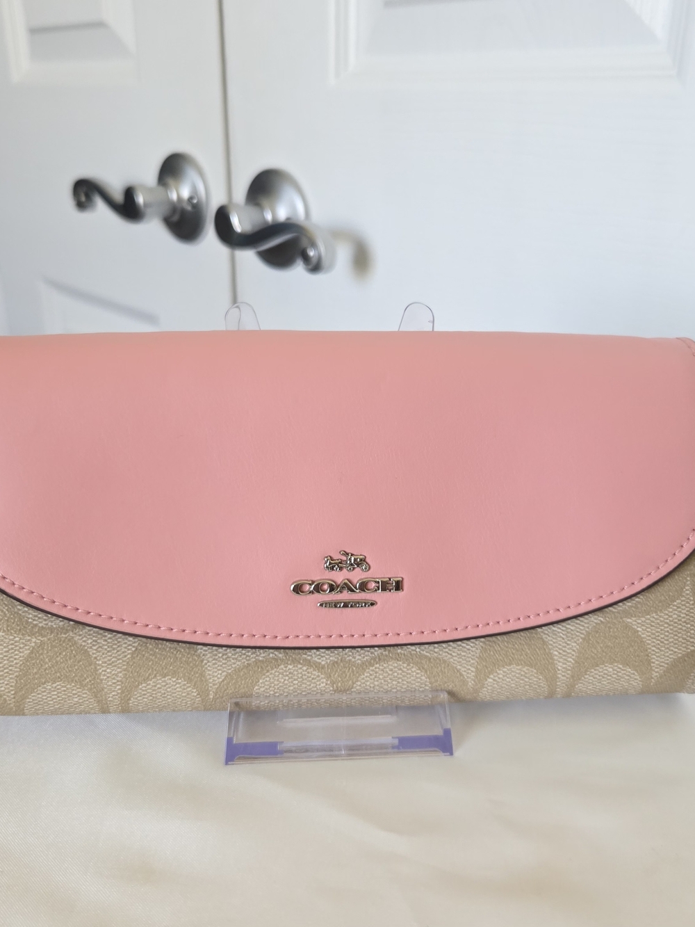 Coach Lt Khaki Blush Pink Leather Flap Signature Canvas Slim Envelope Wallet